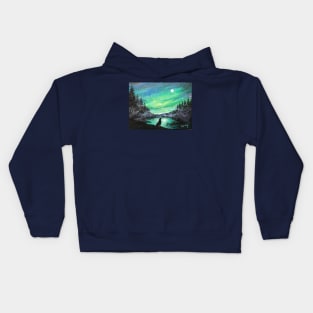 Aurora Borealis, Northern Moon and Arctic Wolf Kids Hoodie